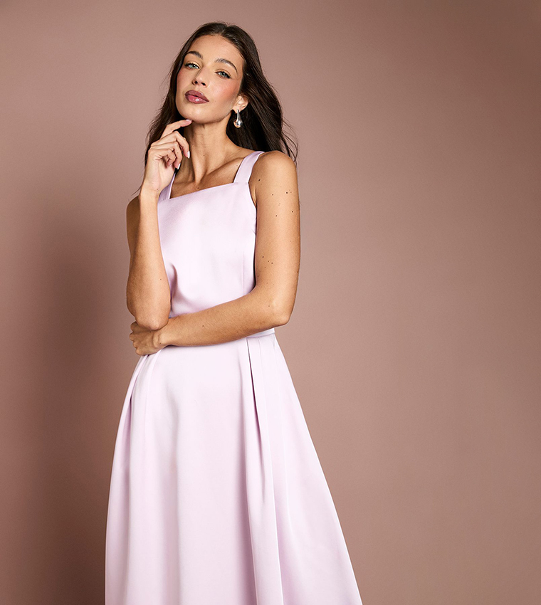 Satin Bow Shoulder Pleated Midi Dress