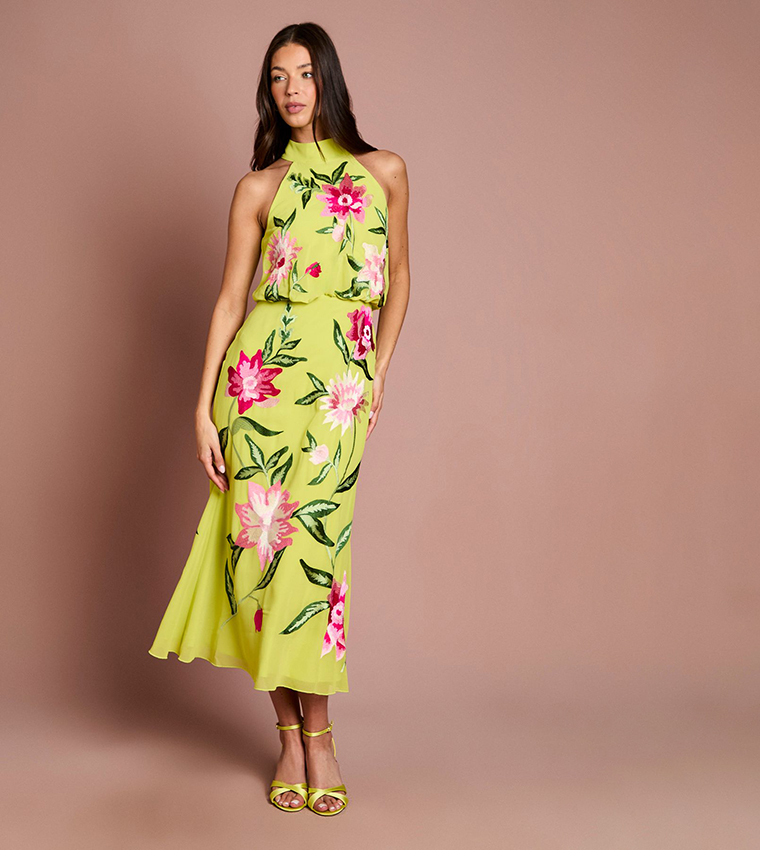 Floral Embroidered High Neck Midi Dress