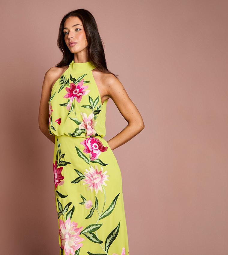 Floral Embroidered High Neck Midi Dress