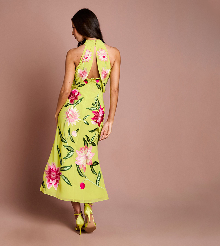 Floral Embroidered High Neck Midi Dress