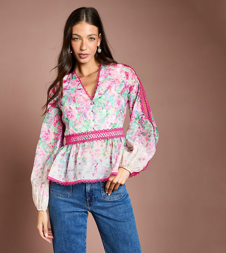 Printed Blouson Sleeves Organza Top