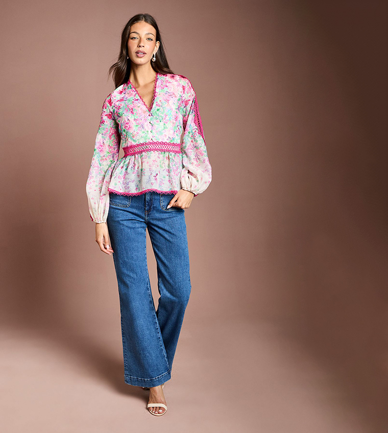 Printed Blouson Sleeves Organza Top