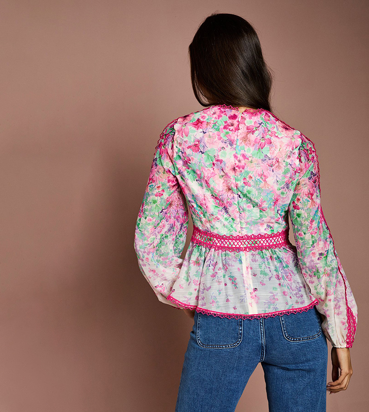 Printed Blouson Sleeves Organza Top