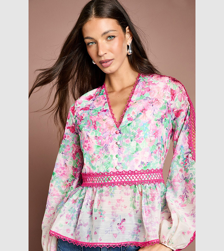 Printed Blouson Sleeves Organza Top