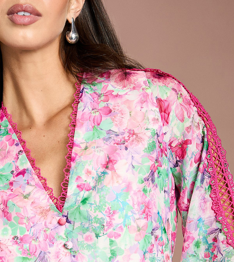Printed Blouson Sleeves Organza Top