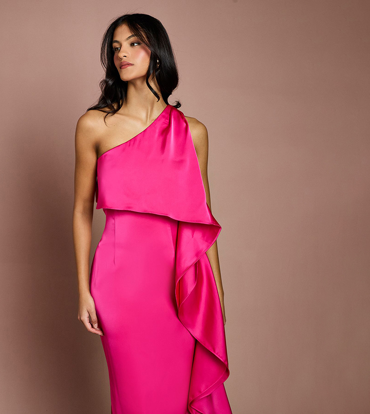Petite Waterfall One Shoulder Satin Maxi Dress