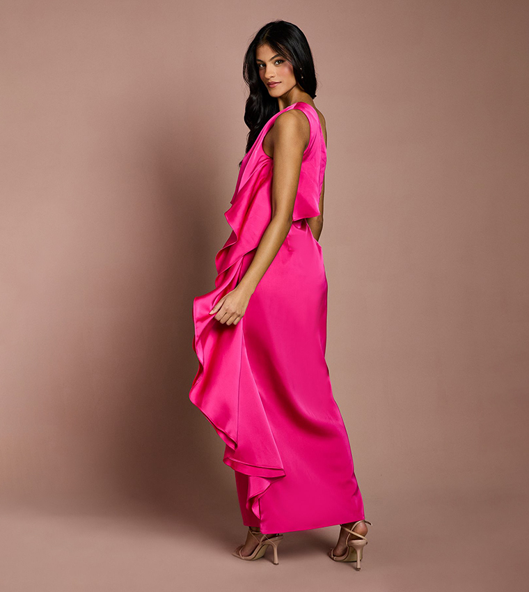 Petite Waterfall One Shoulder Satin Maxi Dress