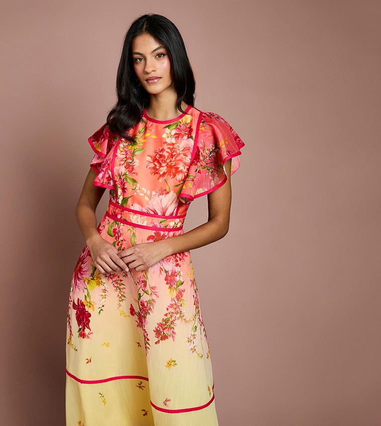 Petite Placement Print Frill Sleeves Midi Dress