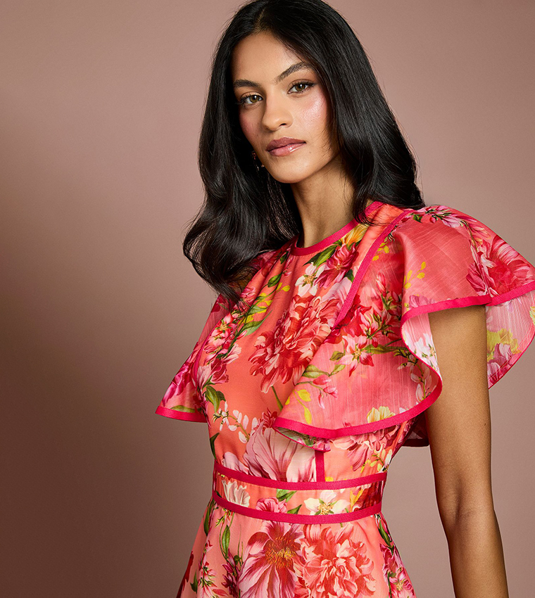 Petite Placement Print Frill Sleeves Midi Dress