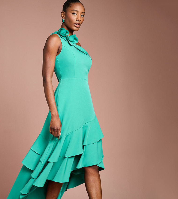 One Shoulder Ruffle Crepe Midi Dress