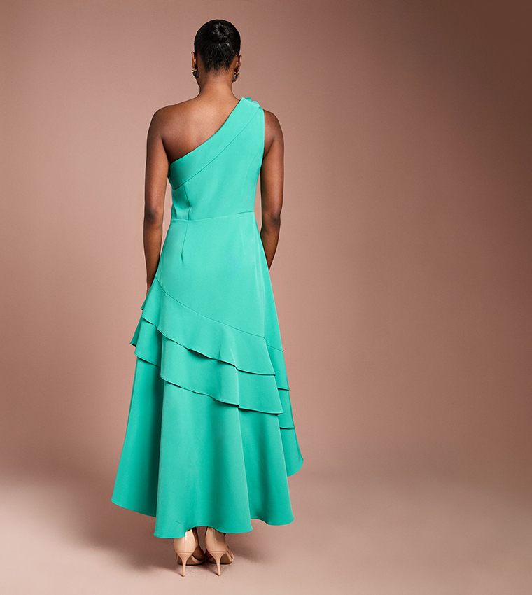 One Shoulder Ruffle Crepe Midi Dress