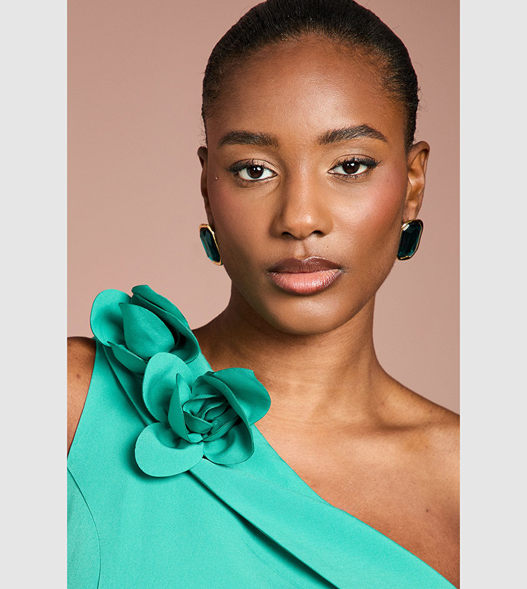 One Shoulder Ruffle Crepe Midi Dress