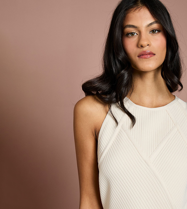 Petite Ribbed Bandage Halterneck Midi Dress