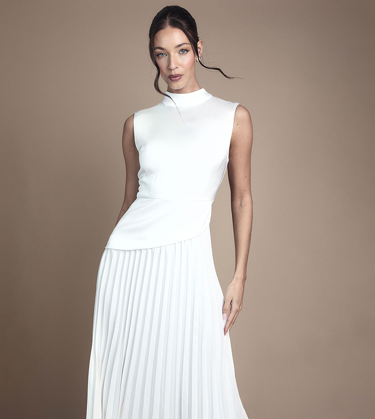 Drape High Neck Pleated Skirt Midi Wedding Dress