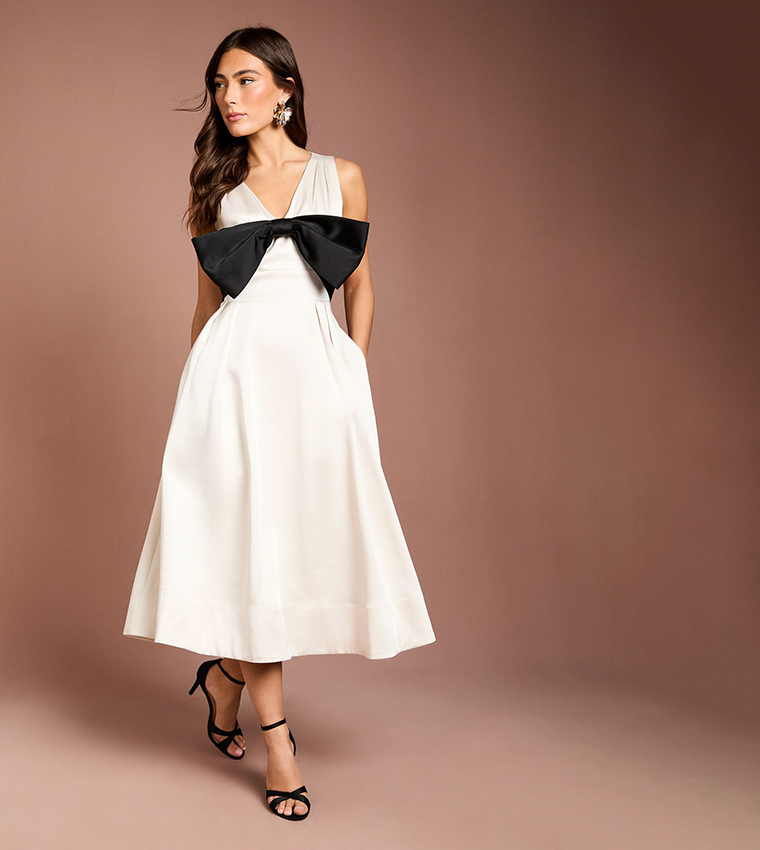 Lisa Tan Bow Detail Satin Midi Dress