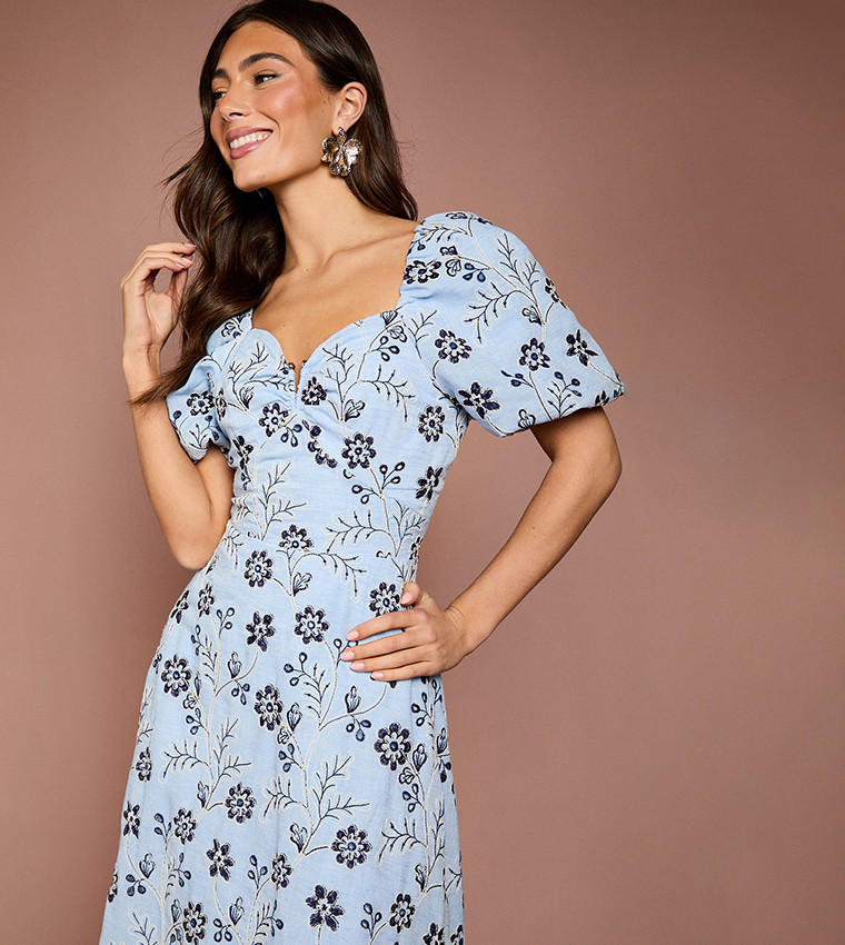 Embroidered Cotton Puff Sleeves Midi Dress