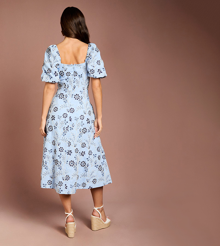 Embroidered Cotton Puff Sleeves Midi Dress