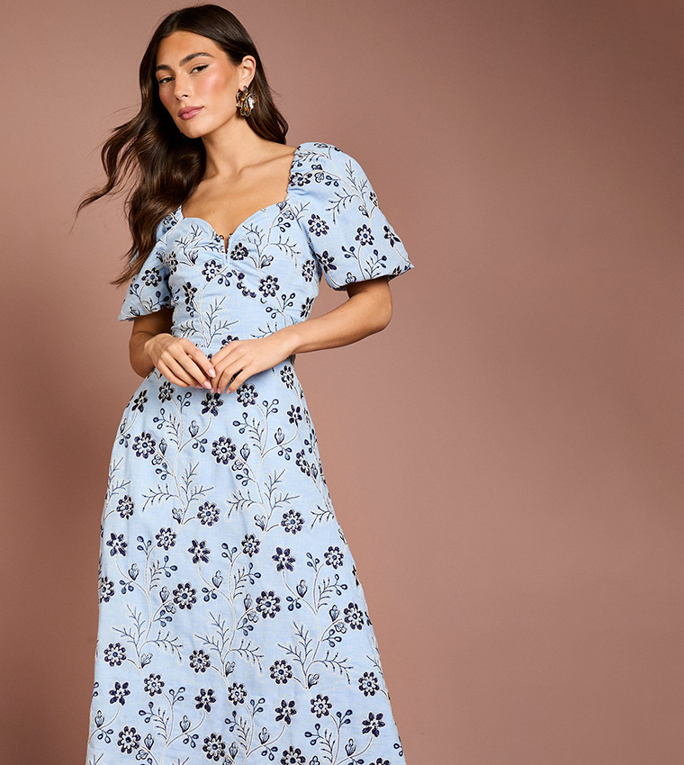 Embroidered Cotton Puff Sleeves Midi Dress