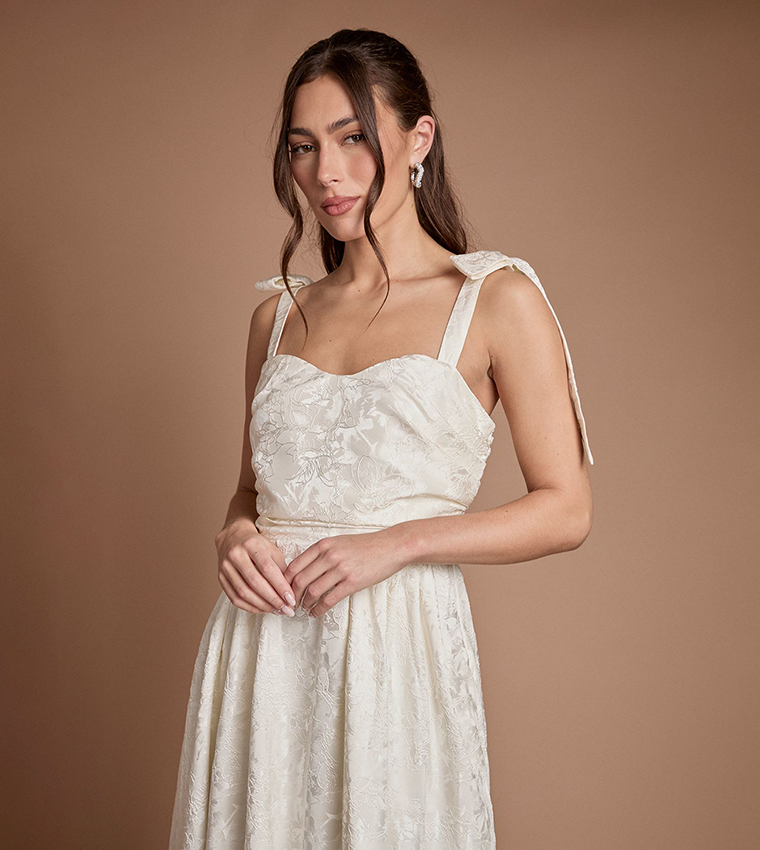 Sleeveless Tie Shoulder Jacquard Maxi Wedding Dress