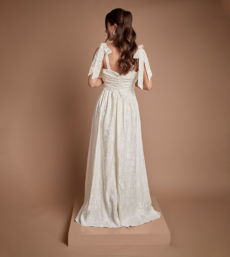 Sleeveless Tie Shoulder Jacquard Maxi Wedding Dress