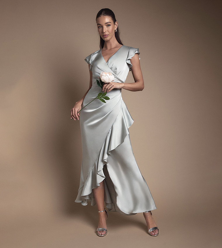 Wrap Front Frill Hem Cap Sleeves Maxi Bridesmaid Dress