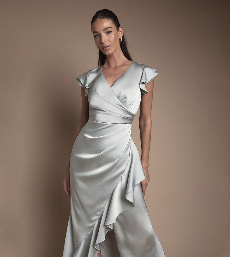 Wrap Front Frill Hem Cap Sleeves Maxi Bridesmaid Dress