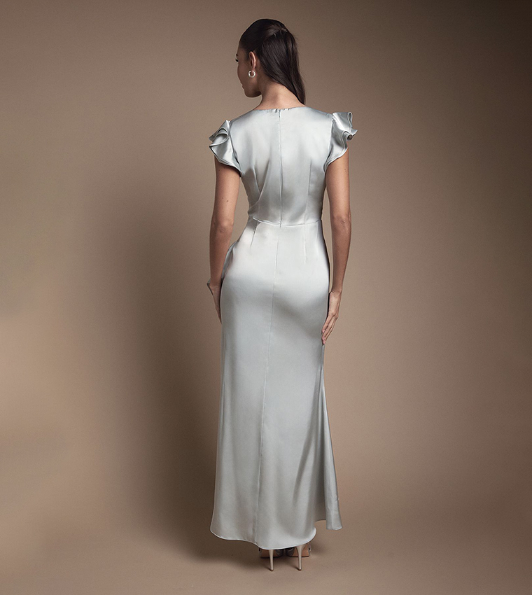 Wrap Front Frill Hem Cap Sleeves Maxi Bridesmaid Dress