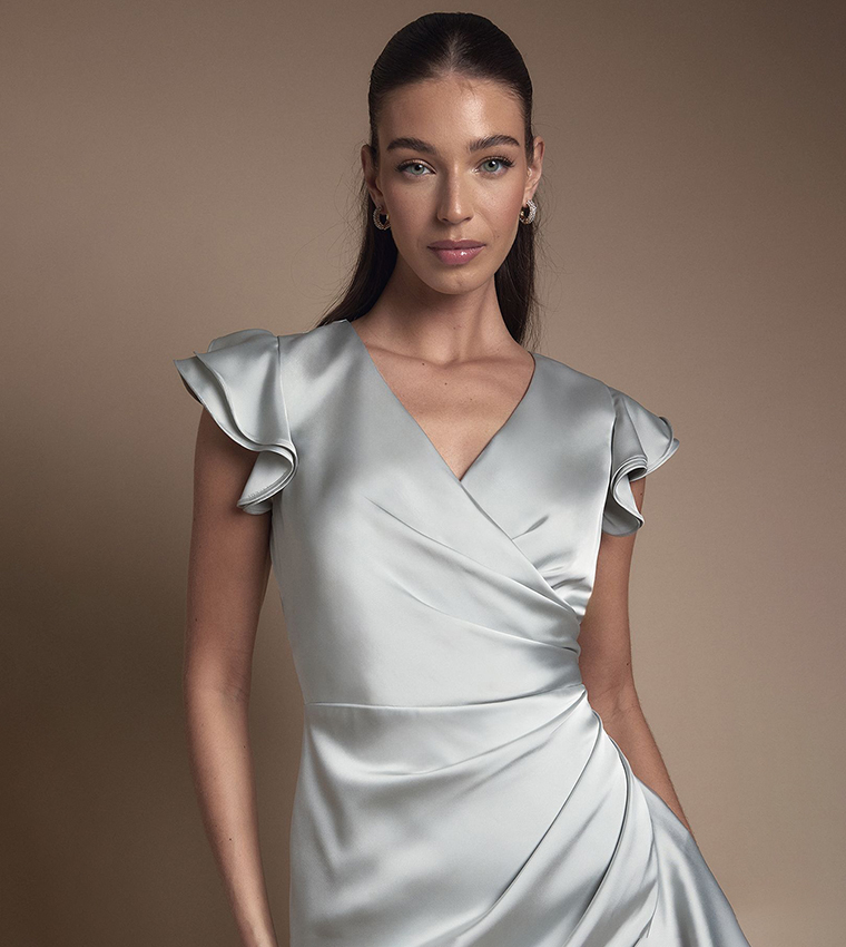 Wrap Front Frill Hem Cap Sleeves Maxi Bridesmaid Dress