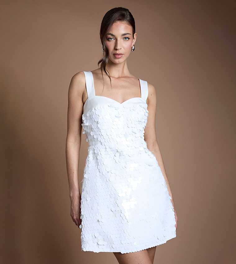 disc sequin dress white White Sequin Dresses for Events & Parties