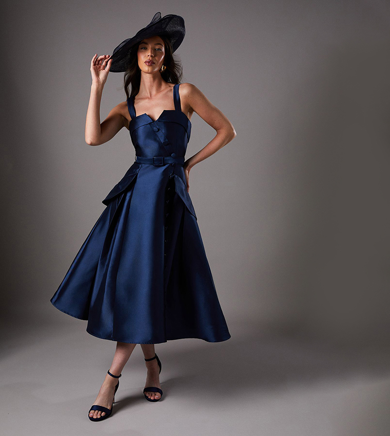 Buy Coast Lisa Tan Twill Volume Belted Midi Dress In Navy