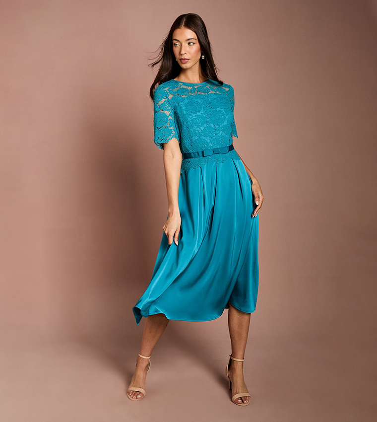 Lace and Crepe Flared Midi Dress