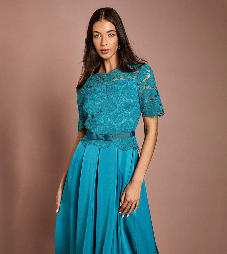Lace and Crepe Flared Midi Dress