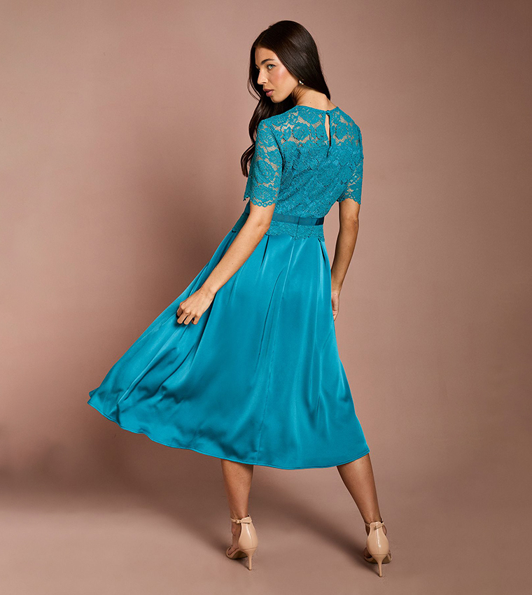 Lace and Crepe Flared Midi Dress
