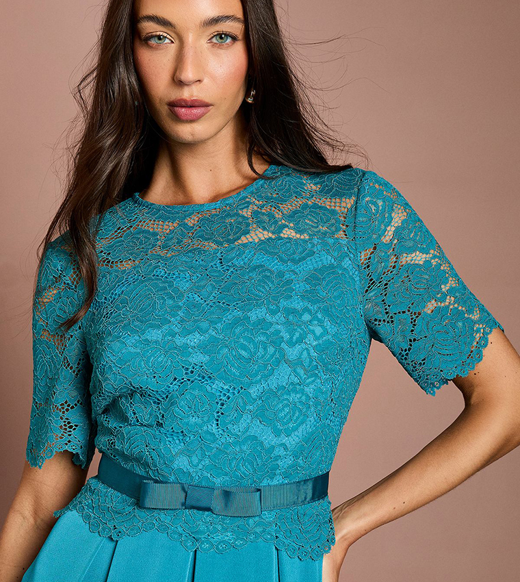 Lace and Crepe Flared Midi Dress