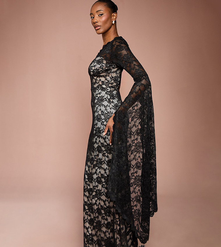 One Shoulder Cap Detail Lace Maxi Party Dress