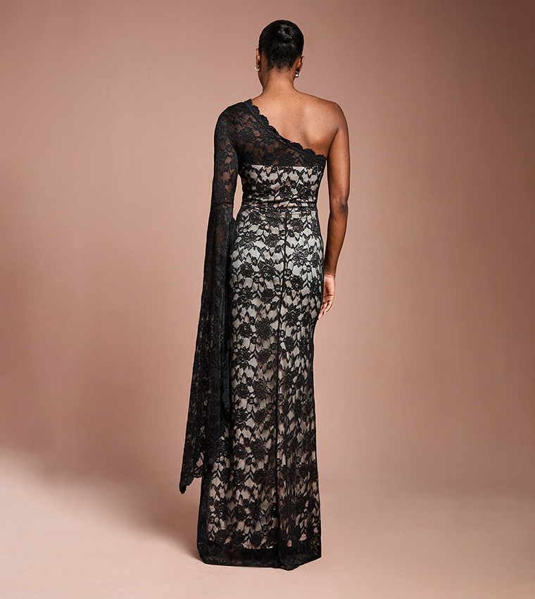 One Shoulder Cap Detail Lace Maxi Party Dress