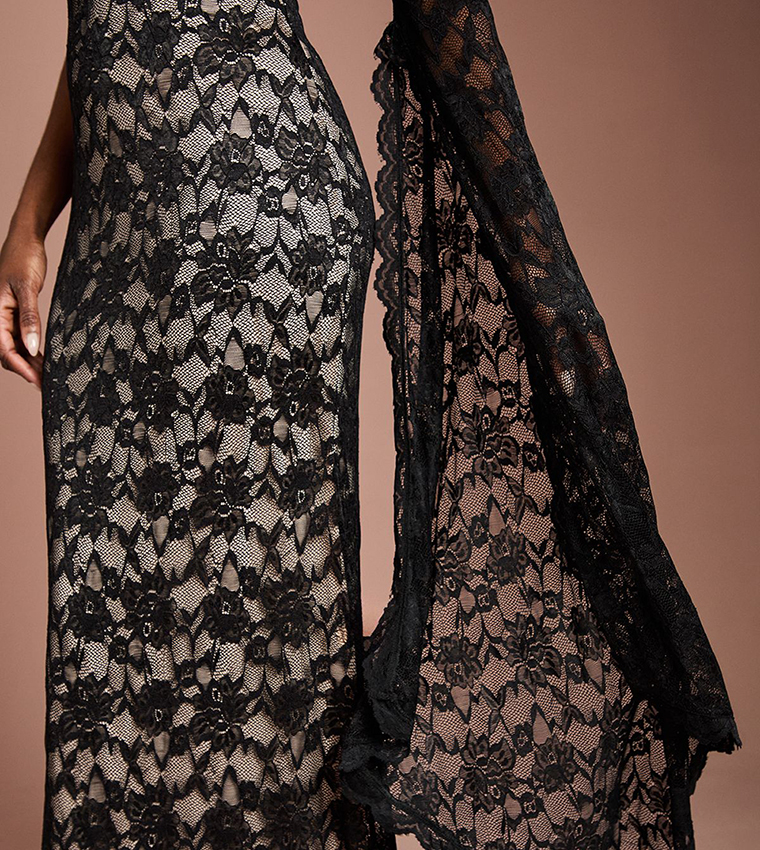One Shoulder Cap Detail Lace Maxi Party Dress