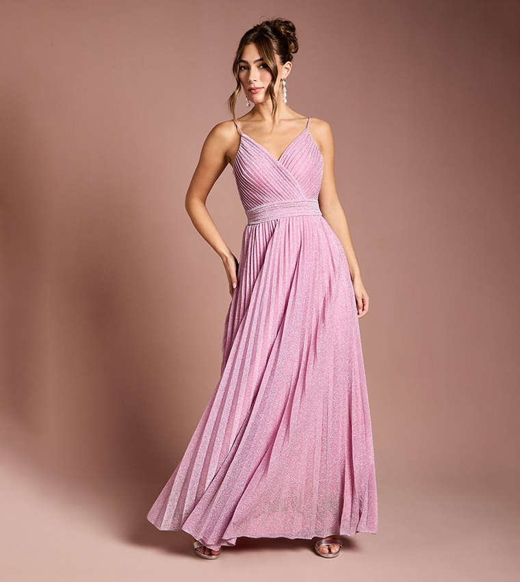 V-Neck Cami Shimmer Pleated Maxi Dress