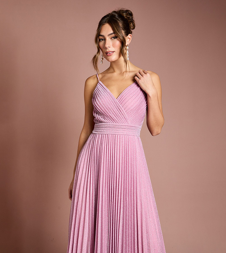 V-Neck Cami Shimmer Pleated Maxi Dress