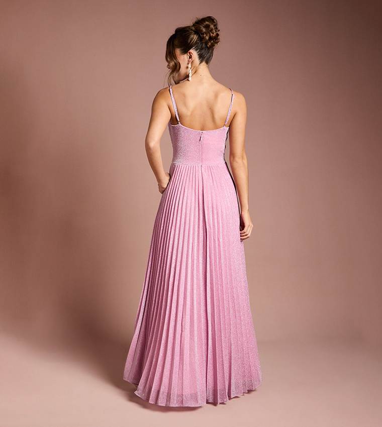 V-Neck Cami Shimmer Pleated Maxi Dress