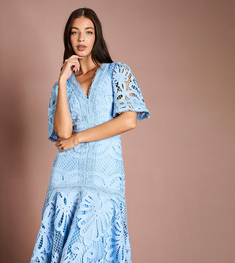 Placement Lace Hanky Hem Dress Midi Dress