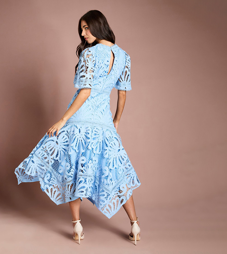 Placement Lace Hanky Hem Dress Midi Dress