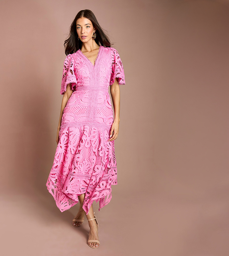 Placement Lace Hanky Hem Midi Dress