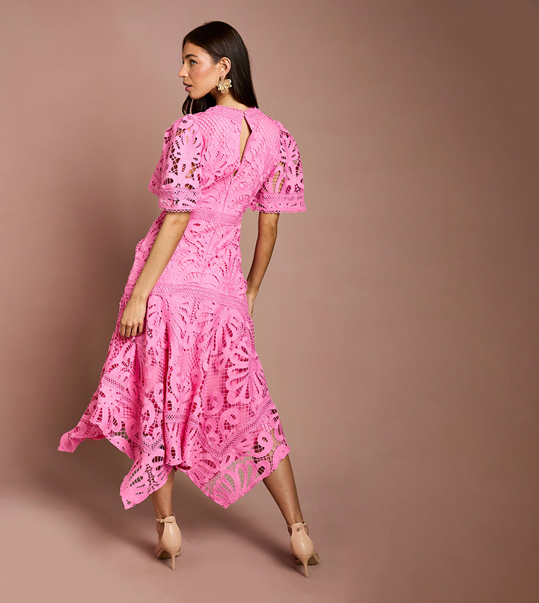 Placement Lace Hanky Hem Midi Dress