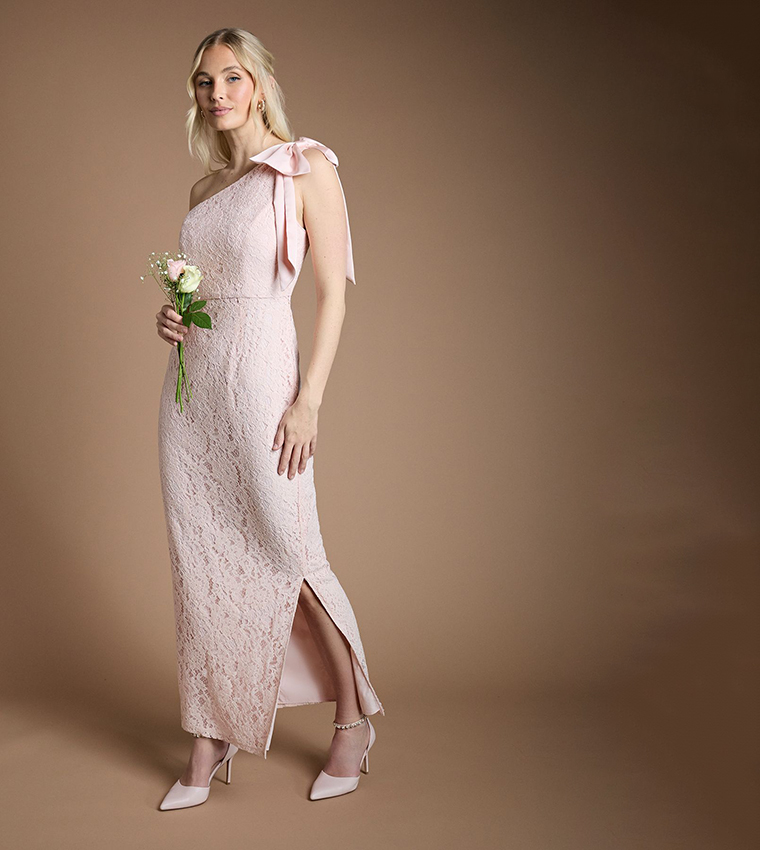One Shoulder Bow Detail Lace Maxi Bridesmaid Dress