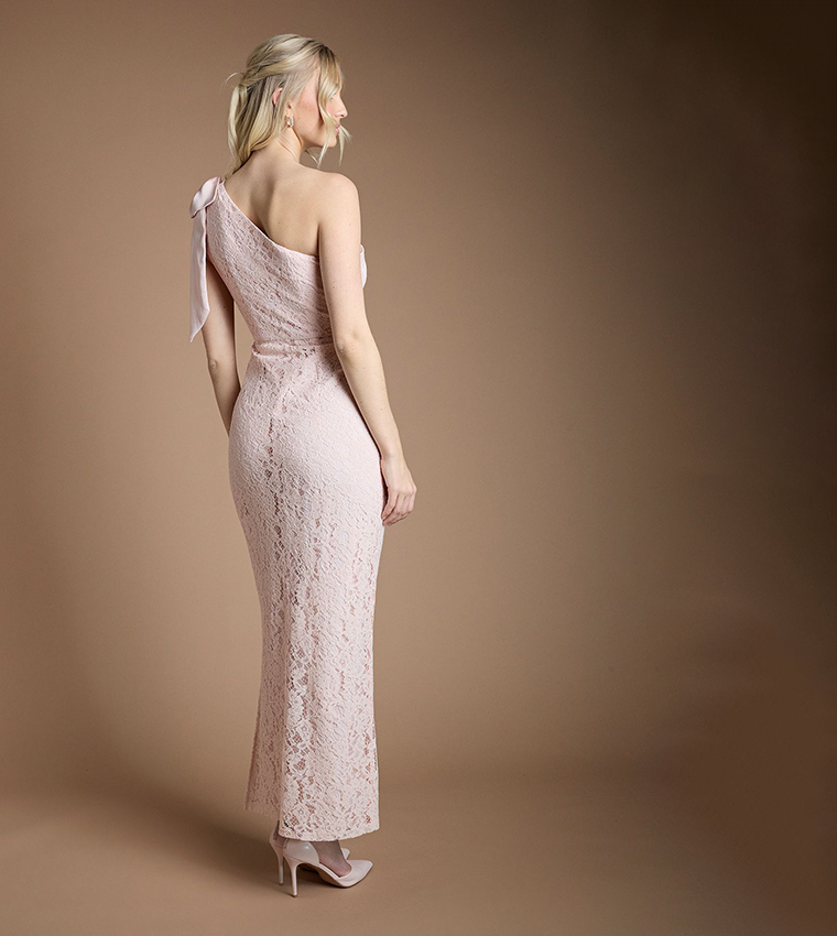 One Shoulder Bow Detail Lace Maxi Bridesmaid Dress