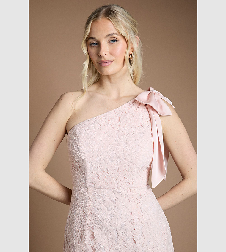 One Shoulder Bow Detail Lace Maxi Bridesmaid Dress