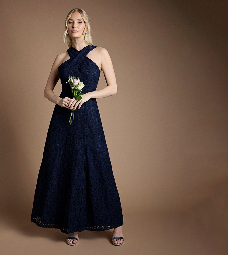 fall outdoor bridesmaid dresses Long Criss Cross Halter Bridesmaids Dress