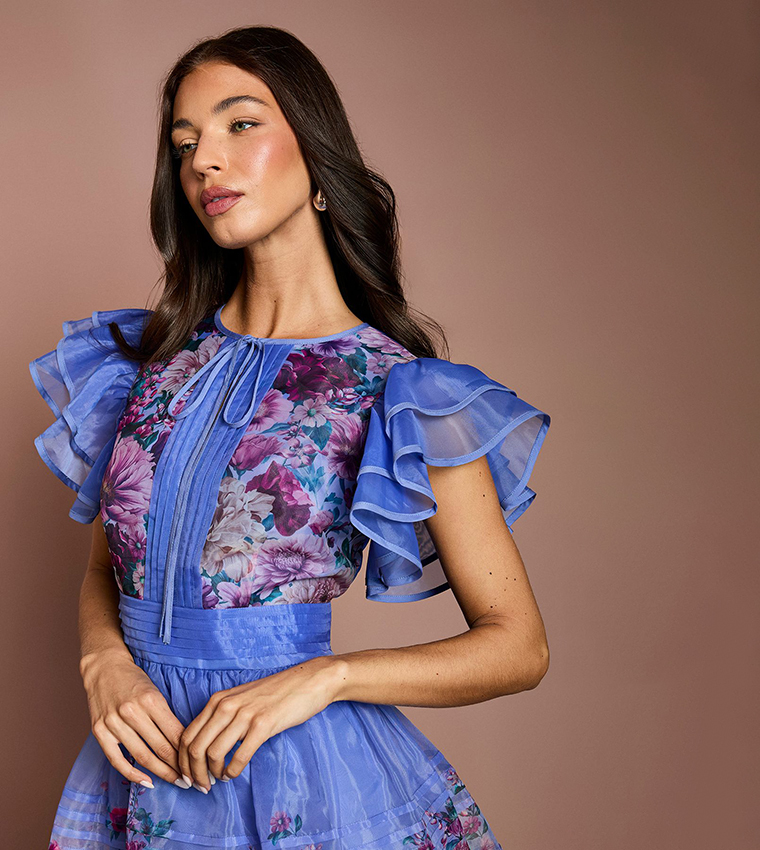 Lisa Tan Organza Printed Ruffle Midi Dress