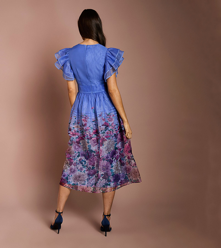 Lisa Tan Organza Printed Ruffle Midi Dress
